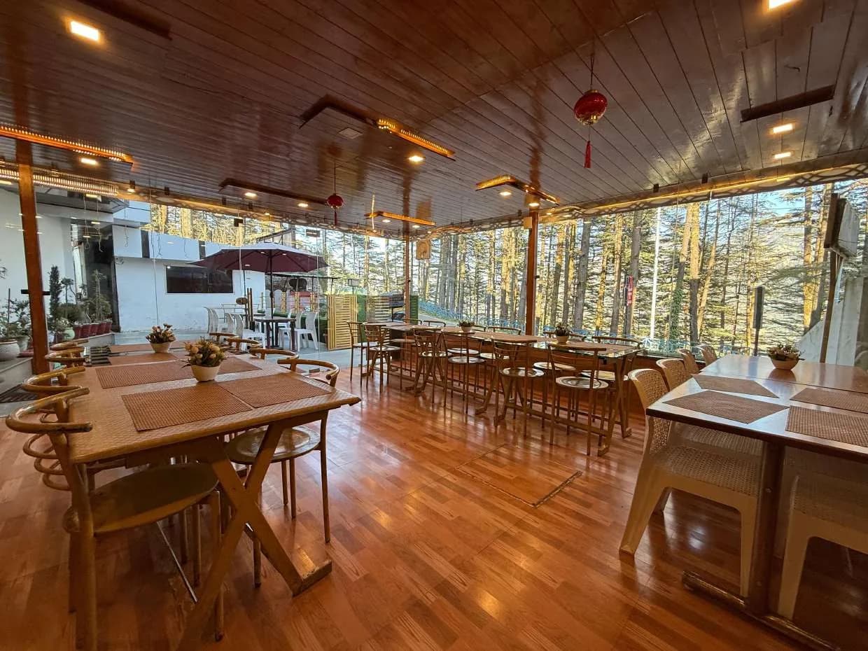 Indoor restaurant hall with timber ceiling and glass walls facing the cedars